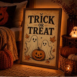 Puede incluir: Una pieza de arte mural rectangular enmarcada con el texto TRICK OR TREAT en letras negras. La ilustración muestra dos fantasmas blancos detrás de una calabaza naranja central, rodeados de hojas de arce otoñales dispersas.