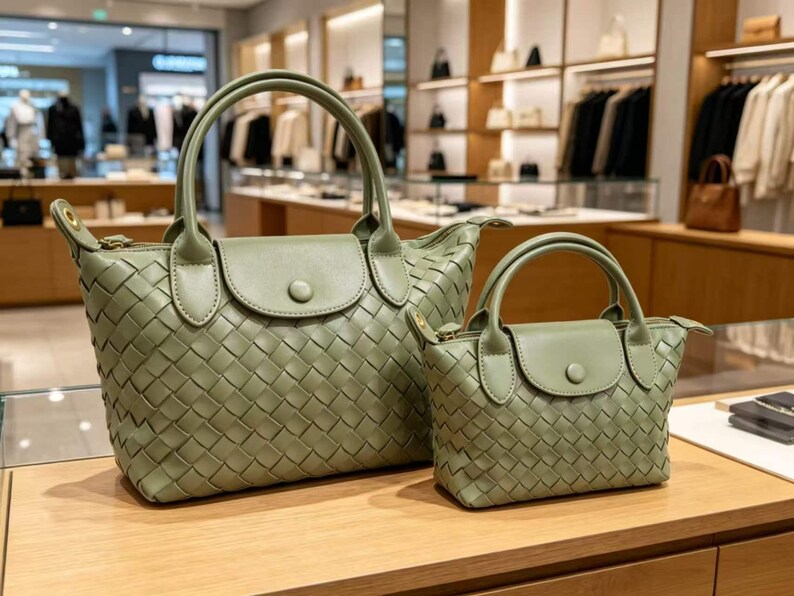 May include: Two sage green handbags featuring a woven exterior pattern, dual top handles, and a front flap closure with a single button. The bags are structured with a smooth finish on the flap and handles, showcasing a consistent design in two sizes.