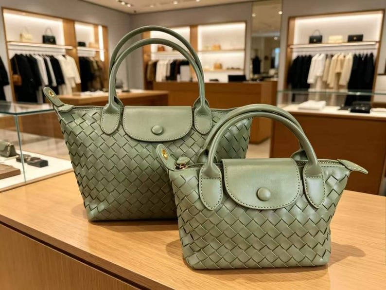 May include: Two sage green handbags featuring a woven leather exterior pattern. Each bag includes dual top handles, a front flap with a single button closure, and a zippered main compartment. The bags are displayed in a larger and smaller size.