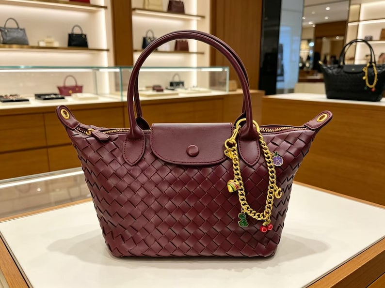 May include: A deep burgundy handbag featuring a woven leather exterior, two top handles, and a central flap with a snap closure. A gold-toned chain charm with small colorful fruit and heart-shaped pendants is attached to one of the handle bases.
