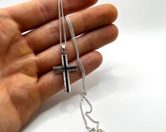 Modern 925 Sterling Silver Cross Necklace, Clear Crystal Sparkly Pave Crucifix Pendant, 45cm Long 1mm Wide Chain, Unisex Faith Gift