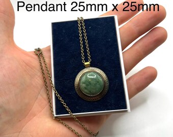 Kalevala Stone Necklace Vintage Bronze Finnish Green Gem Pendant Unisex Scandinavian Jewelry Unique Birthday Gift Her Statement
