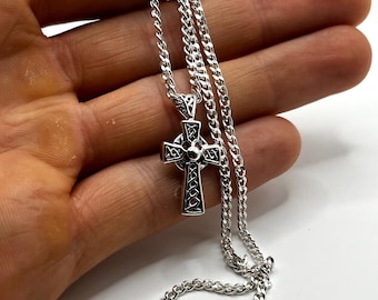 Modern 925 Sterling Silver Celtic Cross Necklace, Solid Curb Chain, 42cm Long 2mm Wide, Irish Knotwork Religious Pendant, Unisex Faith Gift