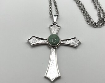 Vintage 925 Sterling Silver Cross Necklace, Solid Large Crucifix Pendant with Green Stone, 60cm Long 2mm Wide Textured Rollo Chain Jewelry