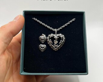 Kalevala Talon Sydän Set Sterling Silver Heart Pendant Necklace Earrings Vintage Finnish Scandinavian Jewelry Unique Gift Her