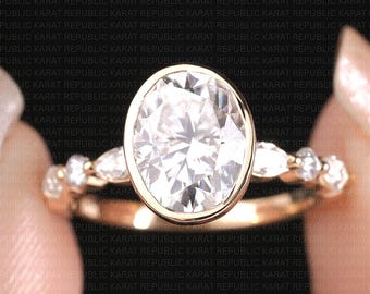 Oval Lab Grown Diamond Engagement Ring IGI Certified Bezel Setting Gold Marquise Band Vintage Bridal Jewelry Proposal Gift