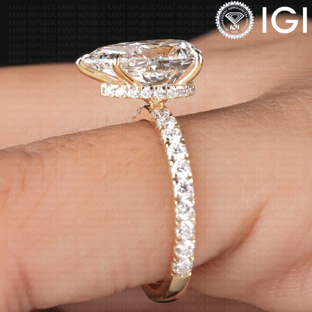 Pear Lab Grown Diamond Engagement Ring IGI Certified Yellow Gold Pave ...