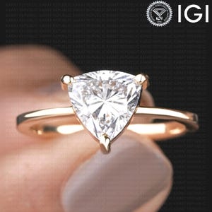 Trillion Lab Grown Diamond Engagement Ring IGI Certified Yellow Gold Solitaire Minimalist Bridal Unique Triangle Proposal