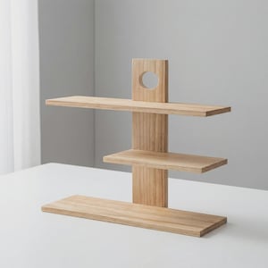 May include: A three-tiered wooden shelf with a natural finish. The shelf has a vertical support with a circular cutout at the top. The shelves are rectangular and provide display space. The design is minimalist and modern.