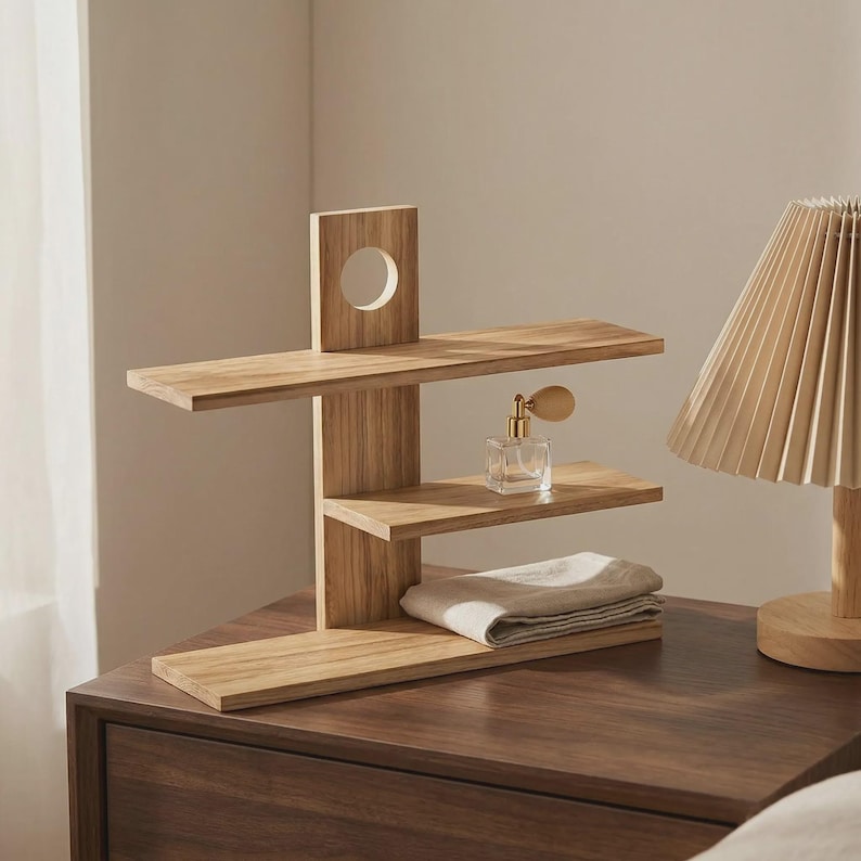 May include: A wooden shelf unit with three horizontal shelves and a vertical support. The top shelf has a circular cutout. A perfume bottle and folded cloth are on the shelves. The unit is on a dark brown dresser.