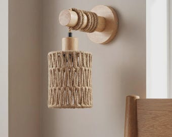 Applique murale en rotin tissé à la main | Douille de lampe bohème moderne en bois massif