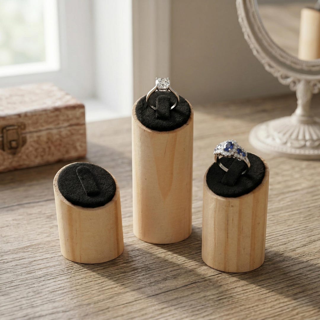 How To Display Rings 3pcs Wooden Ring Display Stand Set | Velvet Jewelry Holder Cylinder ...