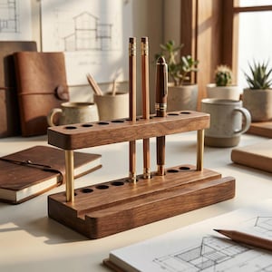 Walnut Wood Pen Holder | Modern Desk Organizer, Minimalist Stationery Storage Rack