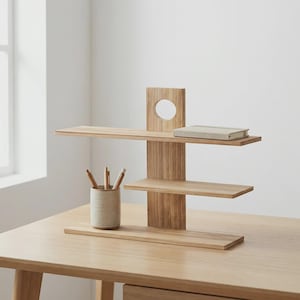 May include: A light-colored wooden desk organizer with three shelves and a square accent piece with a circular cutout. A ceramic pencil holder with pencils and a book are on the shelves. The organizer is on a wooden desk.