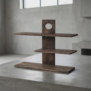 May include: A dark brown wooden shelf with three tiers and a rectangular post with a circular cutout. The shelf is made of solid wood and has a natural grain pattern. The design is minimalist and modern.