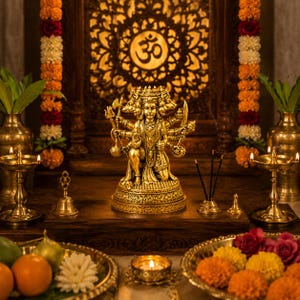 K&ouml;nnte beinhalten: Eine goldene Statue einer vielarmigen Gottheit steht im Mittelpunkt eines Hausaltars. R&auml;ucherst&auml;bchen, Kerzen und Blumengestecke flankieren die Statue. Der Hintergrund zeigt eine Holztafel mit dem Om-Symbol und dekorativen Schnitzereien.
