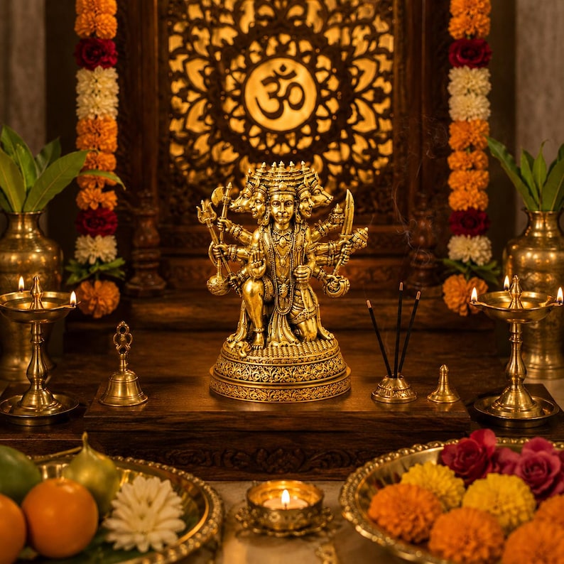 K&ouml;nnte beinhalten: Eine goldene Statue einer vielarmigen Gottheit steht im Mittelpunkt eines Hausaltars. R&auml;ucherst&auml;bchen, Kerzen und Blumengestecke flankieren die Statue. Der Hintergrund zeigt eine Holztafel mit dem Om-Symbol und dekorativen Schnitzereien.