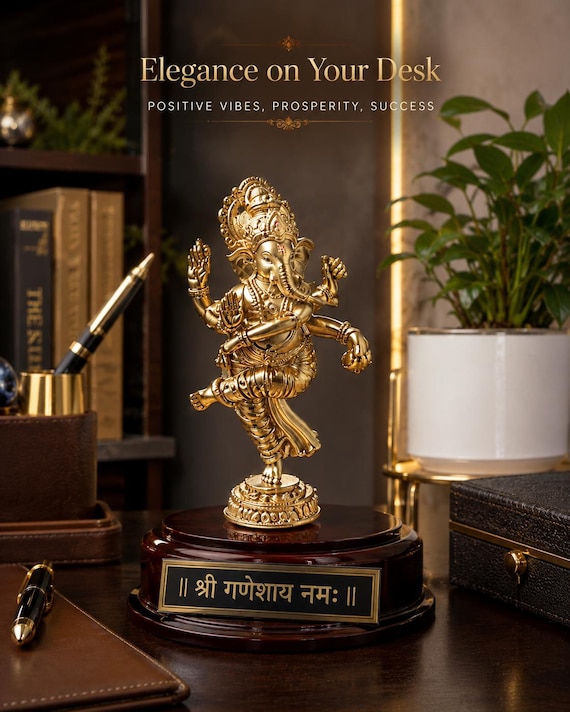 Dancing Ganesha Idol Statue | Brass Finish Hindu Spiritual Decor, Home Temple, Office Desk