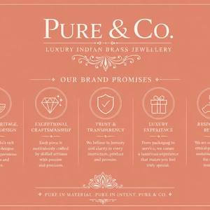 May include: A coral-colored graphic with the text "Pure & Co. Luxury Indian Brass Jewellery." The image highlights brand promises: Indian heritage, exceptional craftsmanship, trust, luxury experience, and responsible beauty.
