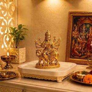 Könnte beinhalten: Eine goldene Statue einer Gottheit auf einem Löwen, präsentiert auf einer marmorähnlichen Plattform. Ein gerahmtes religiöses Gemälde und Kerzen befinden sich in der Nähe. Die Szene wird von warmem Licht beleuchtet und schafft eine ruhige und spirituelle Atmosphäre.