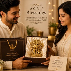 K&ouml;nnte beinhalten: Eine goldfarbene Panchmukhi-Hanuman-Statue, 6,35 cm hoch, pr&auml;sentiert in einer Geschenkbox. Die Box wird von zwei Personen gehalten. Der Text auf der Box lautet "G&ouml;ttliche St&auml;rke. Endloser Schutz." und "Ein Geschenk des Segens."