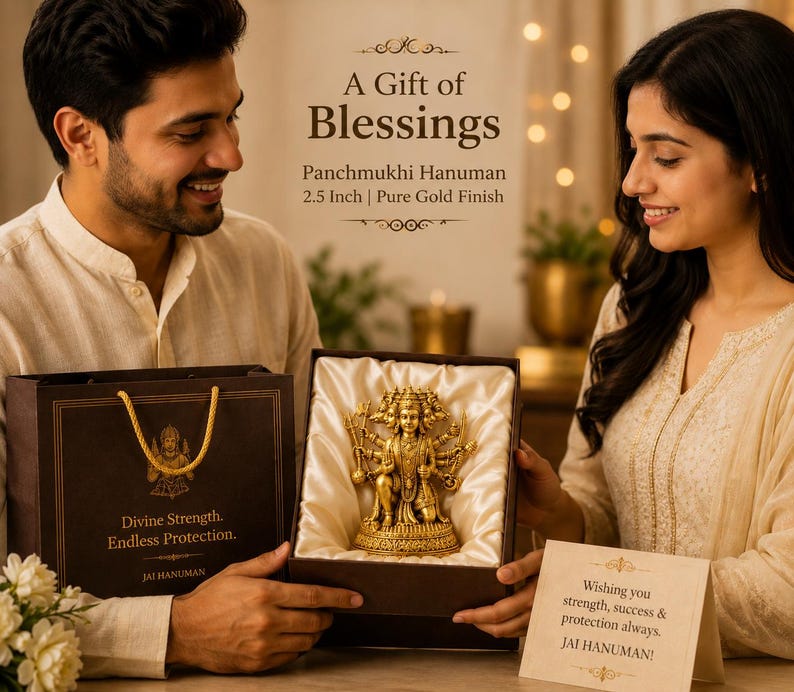 K&ouml;nnte beinhalten: Eine goldfarbene Panchmukhi-Hanuman-Statue, 6,35 cm hoch, pr&auml;sentiert in einer Geschenkbox. Die Box wird von zwei Personen gehalten. Der Text auf der Box lautet "G&ouml;ttliche St&auml;rke. Endloser Schutz." und "Ein Geschenk des Segens."