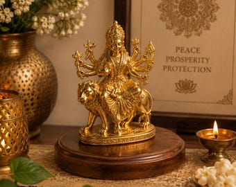 Handcrafted Brass Durga Maa Idol on Lion | Hindu Goddess Statue, Home Temple Decor