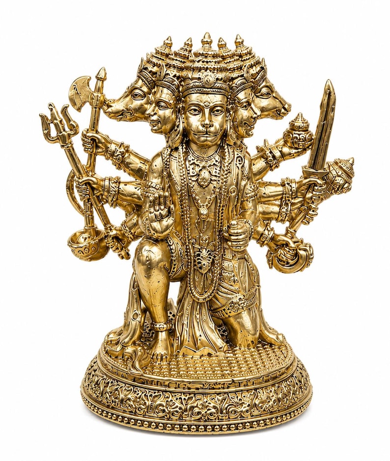 K&ouml;nnte beinhalten: Goldfarbene Statue einer vielgesichtigen Gottheit mit mehreren Armen, die verschiedene Waffen und Gegenst&auml;nde h&auml;lt. Die Statue ist aufwendig detailliert, mit verziertem Schmuck und einem detaillierten Sockel. Die Figur kniet, und das Gesamtdesign ist sehr dekorativ.