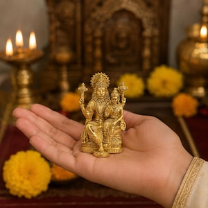 Könnte beinhalten: Eine goldfarbene Statue von zwei Figuren, einem Mann und einer Frau, die zusammen sitzen. Die Statue wird in der Hand einer Person gehalten, mit einem verschwommenen Hintergrund aus Kerzen und Blumen. Die Figuren sind mit detailliertem Schmuck und Kopfbedeckungen geschmückt.