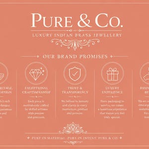 K&ouml;nnte beinhalten: Korallfarbene Grafik mit dem Text "Pure & Co. Luxury Indian Brass Jewellery". Das Bild hebt Markenversprechen hervor: indisches Erbe, au&szlig;ergew&ouml;hnliche Handwerkskunst, Vertrauen, Luxuserlebnis und verantwortungsvolle Sch&ouml;nheit.