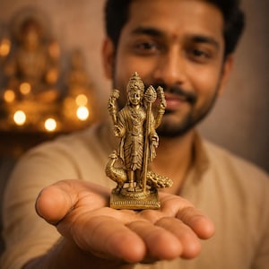 Könnte beinhalten: Eine detaillierte Messingstatue einer Gottheit, gehalten in einer offenen Hand. Die Statue weist komplizierte Details auf, darunter mehrere Arme, verzierte Kleidung und eine hohe Kopfbedeckung. Ein Pfau befindet sich am Sockel. Die Statue ist goldfarben.