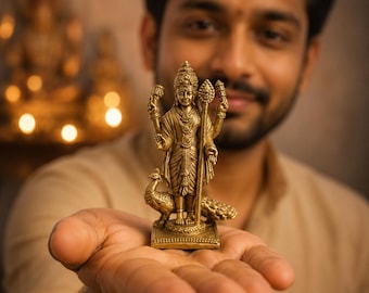 Handcrafted Brass Murugan Idol with Peacock | South Indian God Murti Home Temple Decor