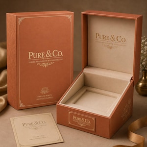May include: Open orange jewelry box with a soft beige interior and the text "Pure & Co." in gold lettering. A matching box is closed in the background, and a small card with the same branding is in the foreground. The box is designed for luxury Indian silver and gold jewelry.