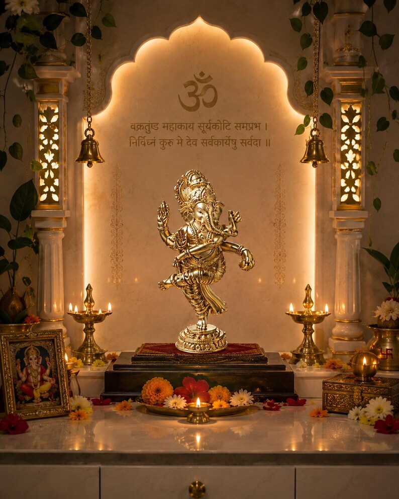 May include: A golden statue of the Hindu deity Ganesha in a decorative setting. The statue is on a wooden platform with a red cloth, surrounded by candles, flowers, and a framed picture. The background features an arch with Sanskrit text and the Om symbol.