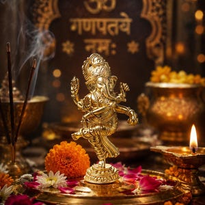 May include: A golden statue of the Hindu deity Ganesha in a dancing pose, surrounded by flowers, incense, and a lit candle. The background features ornate details and text in a script. The overall theme is religious and spiritual.