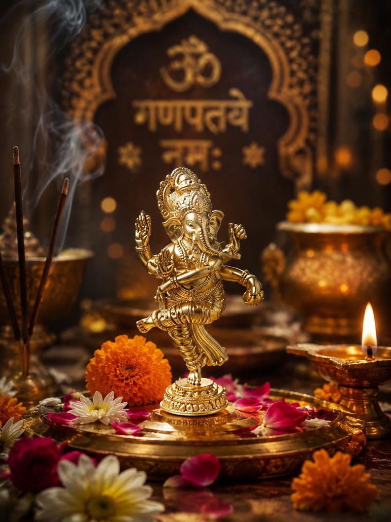 May include: A golden statue of the Hindu deity Ganesha in a dancing pose, surrounded by flowers, incense, and a lit candle. The background features ornate details and text in a script. The overall theme is religious and spiritual.