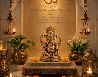 May include: A gold statue of Lord Ganesha is displayed on a decorative platform, with candles, flowers, and plants. The image includes the text "Om Gan Ganapataye Namah" and "May Lord Ganesha bless this home with Peace, Prosperity & Happiness."
