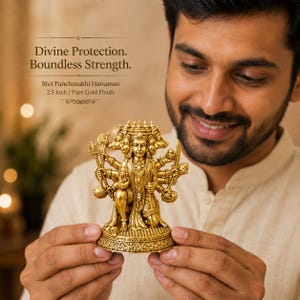 K&ouml;nnte beinhalten: Eine goldfarbene Shri Panchmukhi Hanuman Statue. Die Statue ist 6,35 cm hoch und hat mehrere Arme und Gesichter. Der Text auf dem Bild lautet: "G&ouml;ttlicher Schutz. Grenzenlose St&auml;rke."