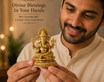 Golden Lord Ganesha Idol, Brass Finish Ganpati Statue, Traditional Indian Decor