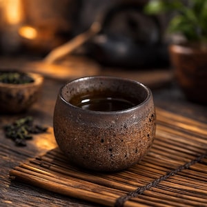 Puede incluir: Una taza de té de cerámica marrón llena de té, colocada sobre una esterilla de bambú. La taza tiene una superficie texturizada. Hojas de té y otros elementos relacionados con el té están en el fondo, creando una escena tranquila a la hora del té.