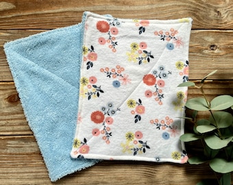 Wipes Non Paper Towels Reusable Cloth Flannel flowers blue Set of 4