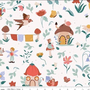 May include: A whimsical fabric design featuring a repeating pattern of fairies, mushrooms, flowers, and butterflies in shades of red, pink, blue, and yellow on a cream background. The design includes a ruler with inches.
