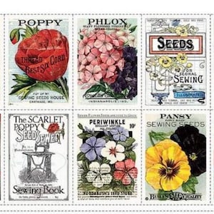 May include: A collage of vintage seed packet illustrations featuring various flowers like poppies, pansies, and phlox. The packets showcase detailed botanical drawings and text, including "Sewing Seeds" and "Hand Book". The color palette includes red, pink, yellow, and blue.