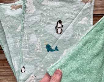 Paperless Towels winter animals  flannel terry wash  cloth seafoam green Set of 4