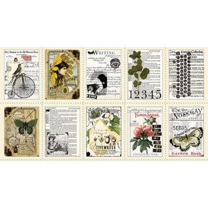 May include: A vintage-style collage featuring images of flowers, butterflies, a bicycle, a typewriter, and text related to gardening and writing. The collage is made up of nine individual squares with a cream background and black dotted borders.