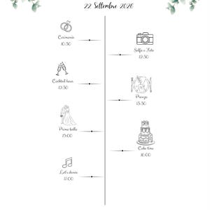 Può includere: Una timeline di matrimonio per "Romeo & Giulietta", datata "22 Settembre 2026". Il design presenta illustrazioni di elementi nuziali: anelli, una fotocamera, calici di champagne, un abito da sposa, una nota musicale, una torta e un piatto.