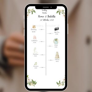 Può includere: Uno smartphone mostra una timeline di matrimonio per Romeo & Giulietta, datata 22 settembre 2026. Lo sfondo bianco presenta accenti floreali e illustrazioni ad acquerello che segnano la cerimonia, l'ora del cocktail e gli eventi del ricevimento.