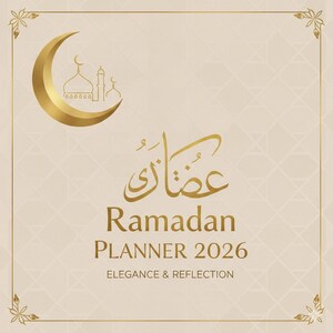 May include: A beige Ramadan Planner 2026 with gold accents. The design includes a gold crescent moon and mosque illustration, with Arabic calligraphy and the words "Elegance & Reflection". The planner has a decorative border.