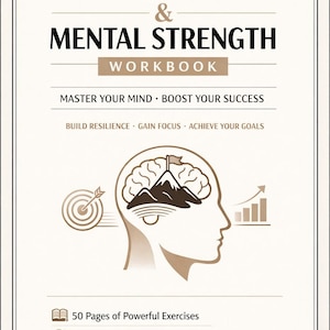 Può includere: Un quaderno di lavoro intitolato "Self-Discipline & Mental Strength". La copertina presenta un'illustrazione stilizzata di una testa con un cervello, un bersaglio e un grafico a barre. Il testo include "Master Your Mind", "Boost Your Success" e "50 Pages of Powerful Exercises".