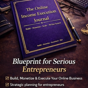 Peut inclure: Un journal violet intitulé "The Online Income Execution Journal" avec des lettres et des bordures dorées. Il est posé sur un bureau en bois avec un stylo, une calculatrice et des lunettes. Le texte "Blueprint for Serious Entrepreneurs" est également visible.